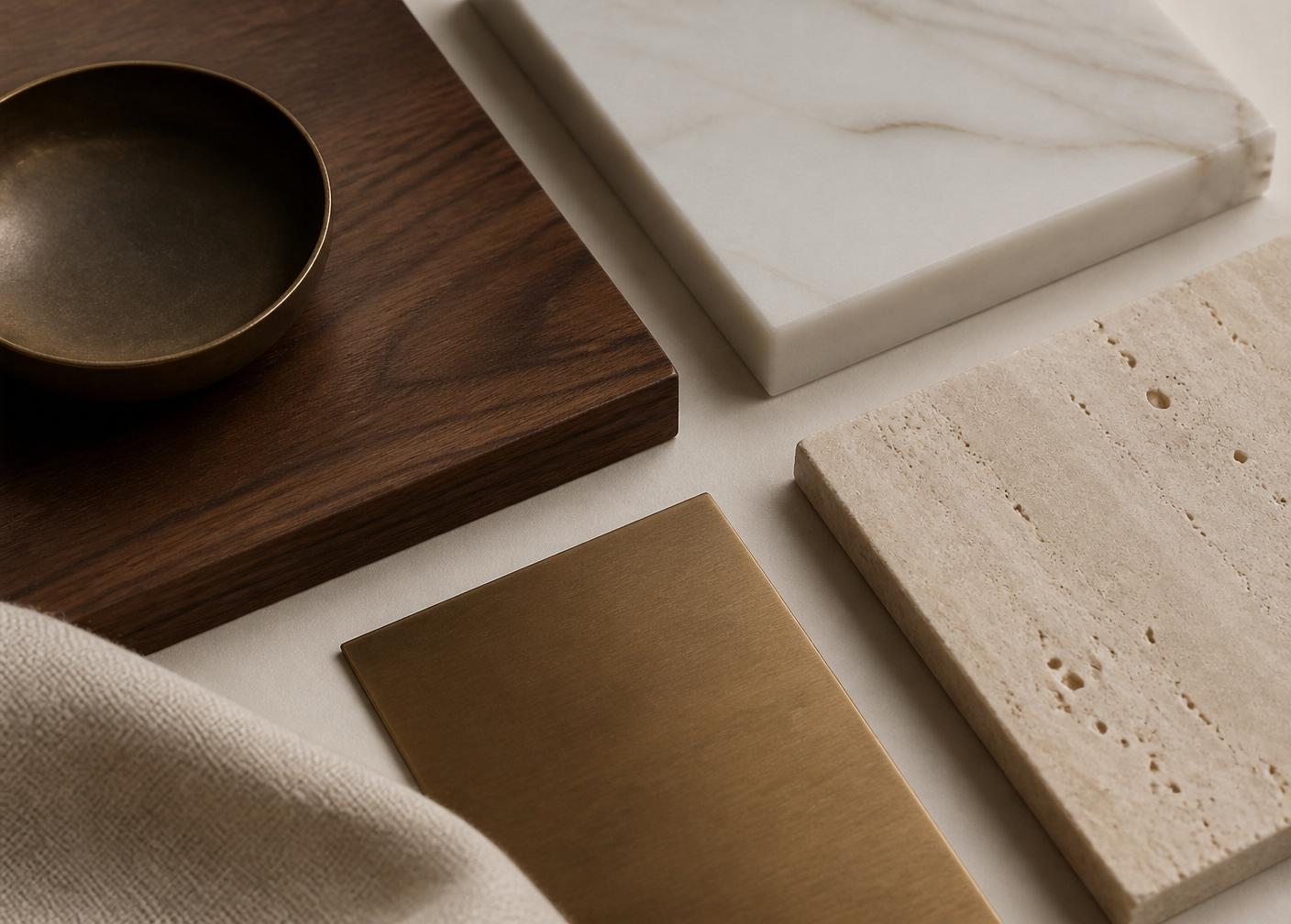 Walnut, quartzite, travertine, bronze, and linen material palette