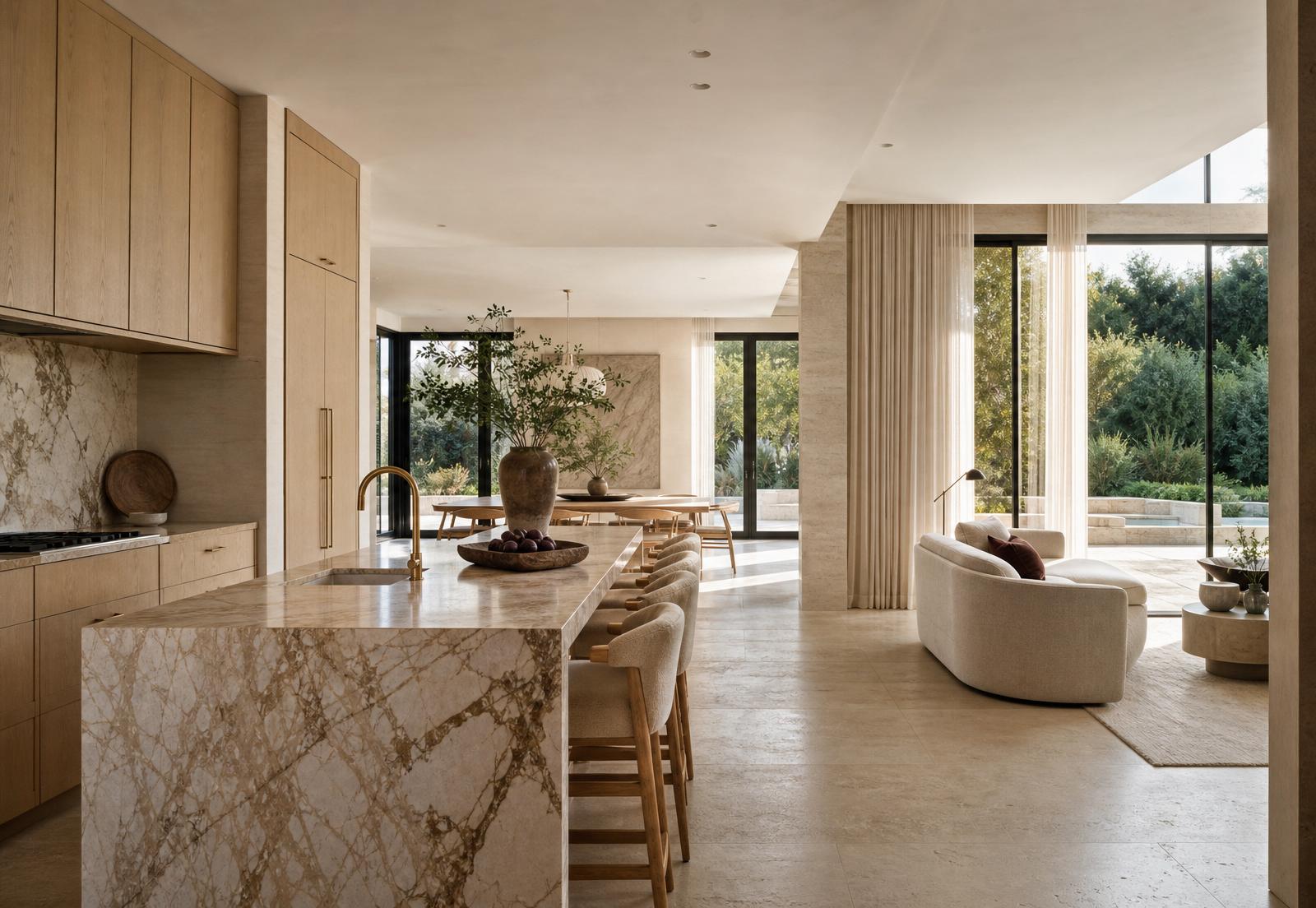 Isometric cutaway of a light-stone estate interior with pale cabinetry, travertine surfaces, and an open principal floor.