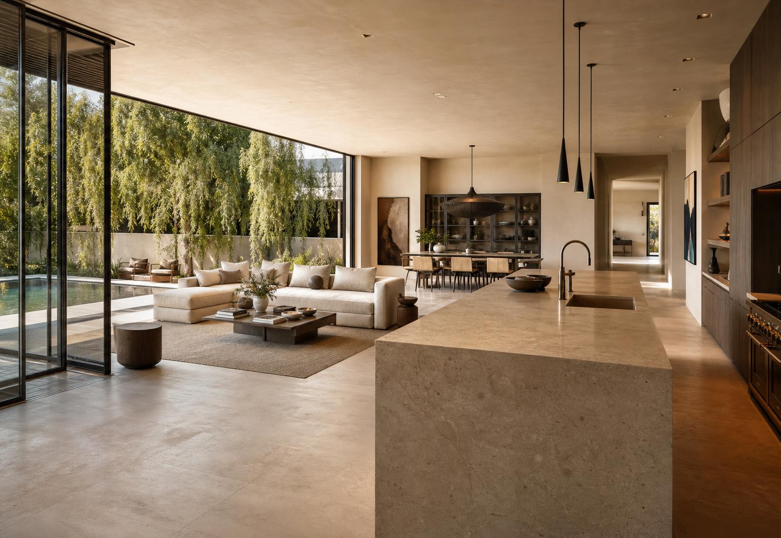 Cinematic interior of a signature estate with sculpted limestone, warm rift oak millwork, plaster walls, and generous daylight.