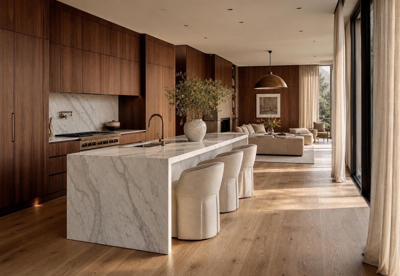 Isometric cutaway of a warm custom home interior featuring walnut millwork, a marble kitchen island, and connected living and dining spaces.
